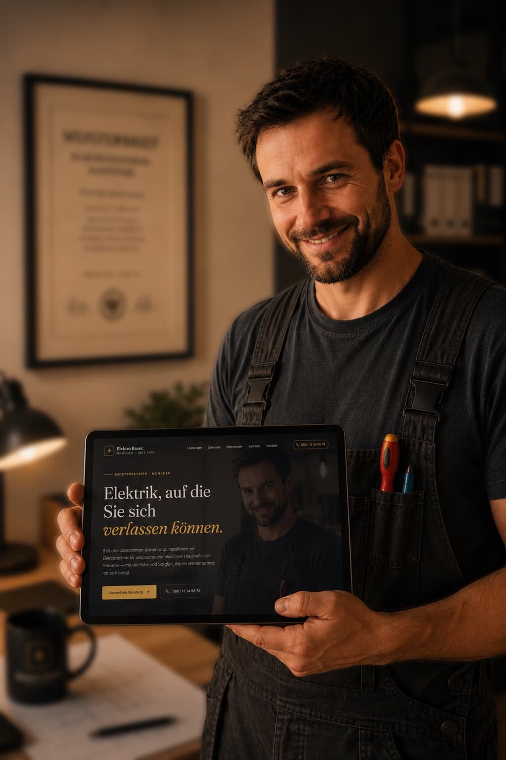 Handwerksmeister betrachtet seine neue Website für Elektriker auf einem Tablet - meister-seite.de